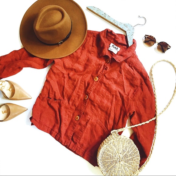Flax Tops - FLAX linen burnt red button down
